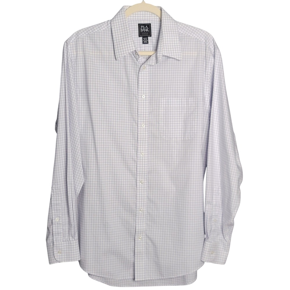 Jos A Bank Traveler Slim Fit‎ Button Down Shirt Mens 16.5 35 White Check Dress